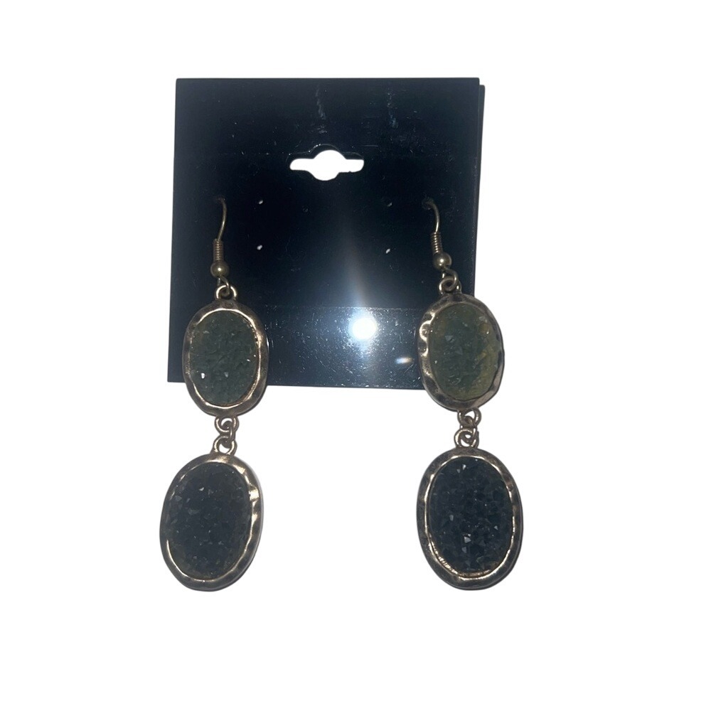 Dangle Drop Earrings Green‎ Black Druzy Stone Gold Tone Fashion Jewelry